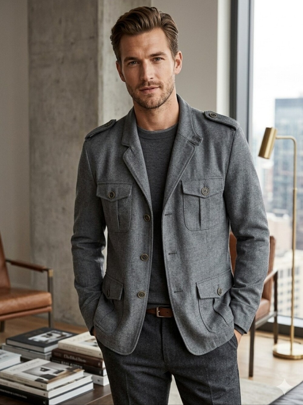 Men's H&M Military Field Jacket in Charcoal Gray - Size M Excellent Condition